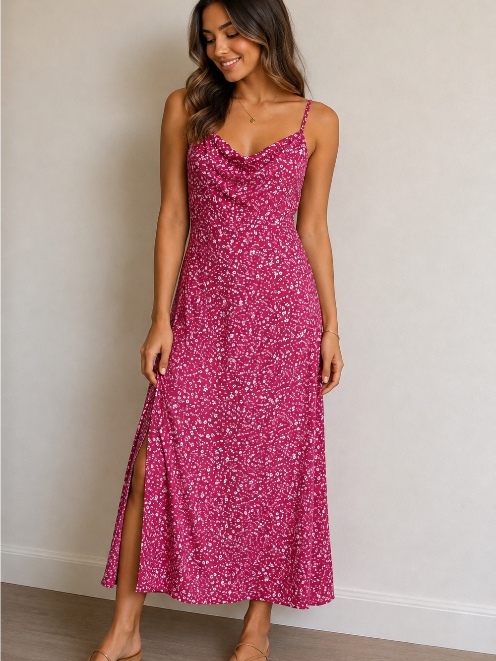 Floral Slip Maxi Dress in Fuchsia Pink
